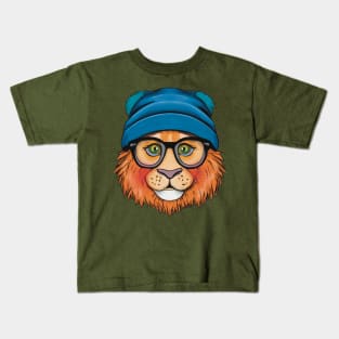 Orange Lion Wearing Glasses and a blue Hat Kids T-Shirt